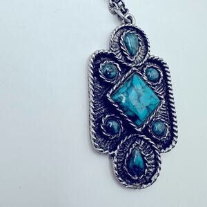 Faux Turquoise Necklace Blue Silver tone Chain Boho Bohemian Western Jewelry